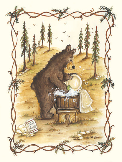 Mary Ann June MARY631 - MARY631 - The Dishwasher - 12x16 Kitchen, Lodge, Whimsical, Bear, Washing Dishes, Camping, Woods, Bucket, Plate, Soap Bubbles, Dish Soap, Landscape, Trees from Penny Lane
