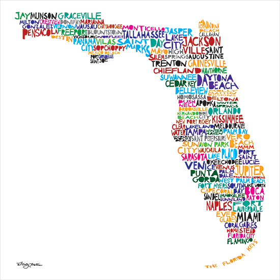 Molly Mattin MAT221 - MAT221 - Florida Map - 12x12 Travel, Florida Map, Ohio Cities, Rainbow Colors, Typography, Signs, Textual Art from Penny Lane