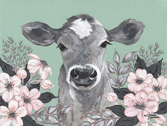 Michele Norman MN262 - MN262 - Clara in the Flowers   - 16x12 Animals, Cow, Flowers, Pink Flowers, Whimsical, French Country from Penny Lane