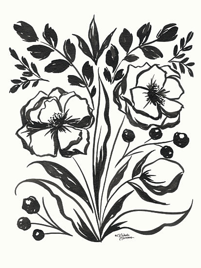 Michele Norman MN333 - MN333 - Maya Floral - 12x16 Flowers, Black & White, Botanical, Blooms, Leaves, Drawing Print from Penny Lane