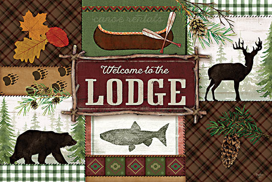 Mollie B. MOL2225 - MOL2225 - Welcome to the Lodge - 18x12 Lodge, Lodge Icons, Bear, Deer, Fish, Canoe, Pine Cones, Leaves, Welcome to the Lodge, Typography, Signs, Textual Art, Rustic, Patterns, Quilt Pattern from Penny Lane