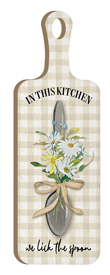 Mollie B. MOL2550CB - MOL2550CB - In This Kitchen - 6x18 Kitchen, Cutting Board, In This Kitchen We Lick the Spoon, Typography, Signs, Humor, Spoon, Flowers, Daisies, Plaid Background from Penny Lane