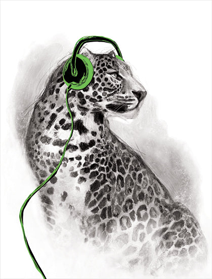 Masey St. Studios MS223 - MS223 - Rockin' Leopard - 12x16 Whimsical, Leopard, Headphones, Music, Rockin' Giraffe, Musical Notes, Black, White, Neon Green from Penny Lane
