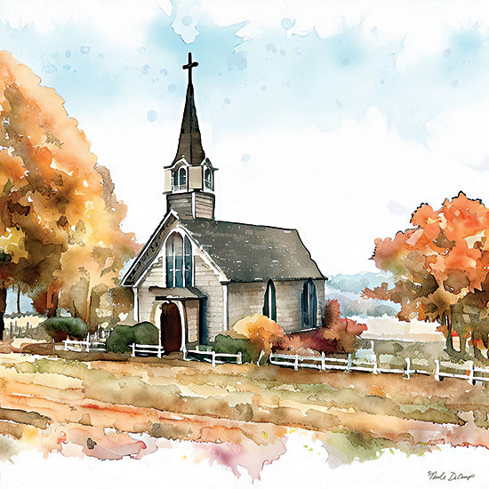 Nicole DeCamp ND133 - ND133 - Countryside Autumn Church I - 12x12 Religious, Church, Country Church, Fall, Landscape, Trees, Watercolor, Fence from Penny Lane
