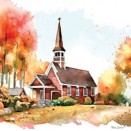 Nicole DeCamp ND134 - ND134 - Countryside Autumn Church II - 12x12 Religious, Church, Country Church, Fall, Landscape, Trees, Watercolor, Red Church from Penny Lane