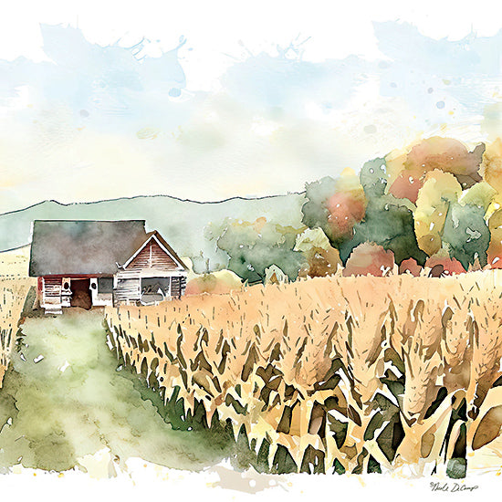 Nicole DeCamp ND136 - ND136 - Countryside Autumn Barn II - 12x12 Farm, House, Countryside, Country, Fields, Corn, Landscape, Fall, Trees, Hills, Path, Watercolor from Penny Lane
