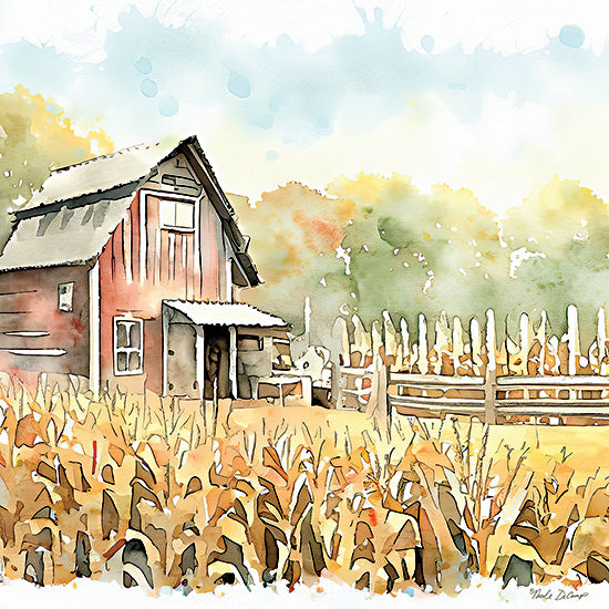 Nicole DeCamp ND137 - ND137 - Countryside Autumn Barn III - 12x12 Farm, Barn, Red Barn, Countryside, Country, Fields, Corn Fields, Fence, Landscape, Trees, Fall, Watercolor from Penny Lane