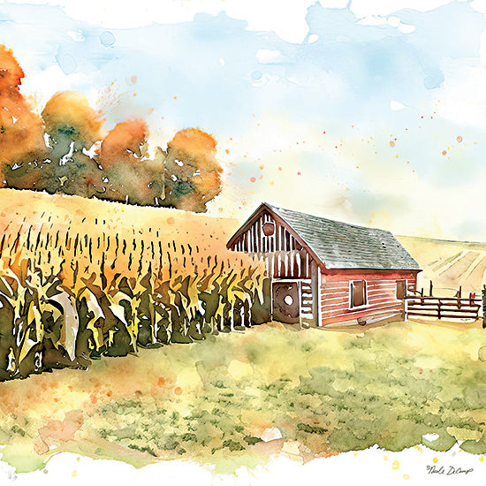 Nicole DeCamp ND138 - ND138 - Countryside Autumn Barn IV - 12x12 Farm, Barn, Red Barn, Countryside, Country, Fields, Corn Fields, Fence, Landscape, Trees, Fall, Watercolor from Penny Lane