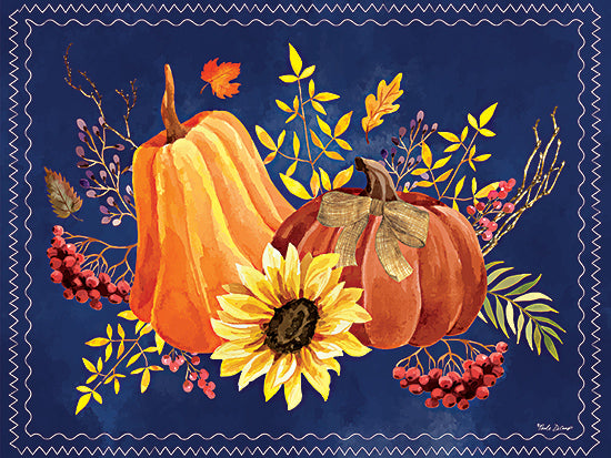 Nicole DeCamp ND146 - ND146 - Autumn Finds - 16x12 Fall, Still Life, Pumpkins, Sunflower, Greenery, Leaves, Berries, Blue Background, Stitched Border from Penny Lane