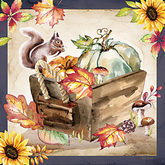 Nicole DeCamp ND152 - ND152 - Fall Woodland IV - 12x12 Still Life, Crate, Squirrel, Pumpkins, Green Pumpkin, Mushrooms, Sunflowers, Leaves, Nature, Woodland, Watercolor from Penny Lane