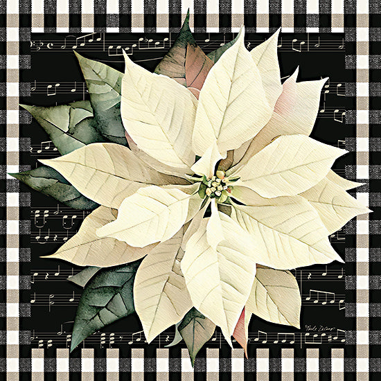 Nicole DeCamp ND192 - ND192 - Country Charm Poinsettia - 12x12 Christmas, Holidays, Flowers, Poinsettias, Christmas Flowers, White Poinsettias,  Sheet Music, Black Background, Black & White Plaid Border, Farmhouse/Country from Penny Lane
