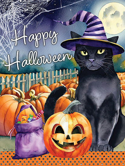Nicole DeCamp ND216 - ND216 - Happy Halloween Witch Cat - 12x16 Halloween, Fall, Jack O'Lanterns, Pumpkins, Black Cat, Witch's Hat, Happy Halloween, Typography, Signs, Textual Art, Bag of Candy, Moon, Spiderwebs, Fence, Watercolor from Penny Lane