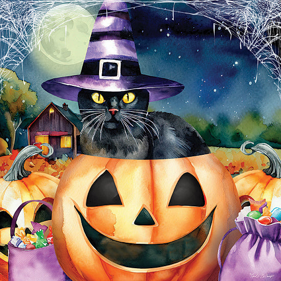 Nicole DeCamp ND217 - ND217 - Black Cat in Pumpkin - 12x12 Halloween, Fall, Jack O'Lanterns, Black Cat, Witch's Hat, Bags of Candy, Moon, Spiderwebs, Haunted Shed, Trees, Night, Watercolor from Penny Lane