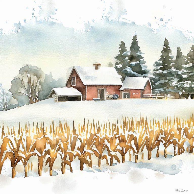 Nicole DeCamp ND242 - ND242 - Winter Farms I - 12x12 Winter, Farm, Barn, Red Barn, Corn Stalks, Snow, Landscape, Trees, Watercolor from Penny Lane