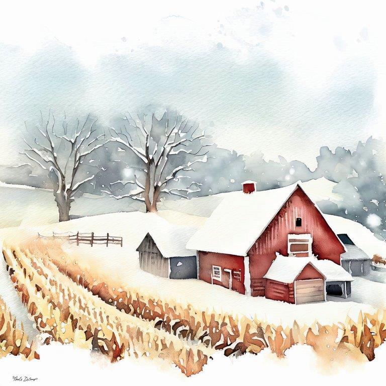 Nicole DeCamp ND243 - ND243 - Winter Farms II - 12x12 Winter, Farm, Barn, Red Barn, Corn Stalks, Snow, Landscape, Trees, Fence, Watercolor from Penny Lane