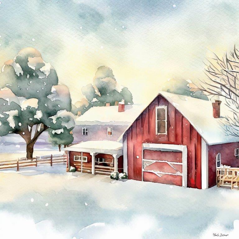 Nicole DeCamp ND244 - ND244 - Winter Farms III - 12x12 Winter, Farm, Barn, Red Barn, Snow, Landscape, Trees, Fence, Watercolor from Penny Lane