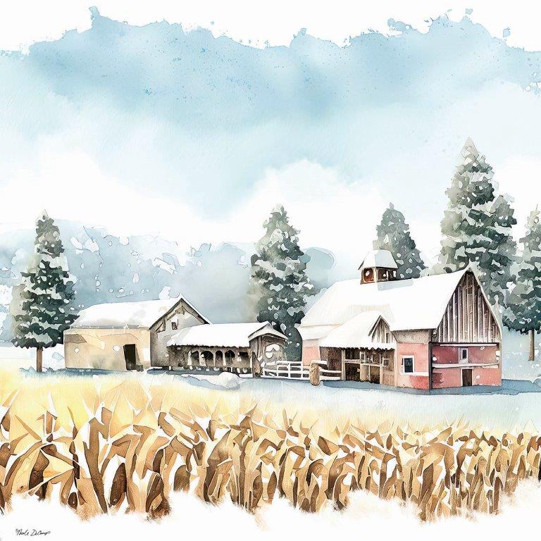 Nicole DeCamp ND245 - ND245 - Winter Farms IV - 12x12 Winter, Farm, Barn, Red Barn, Horse Stalls, Corn Stalks, Snow, Trees, Water Color from Penny Lane