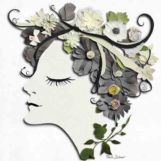 Nicole DeCamp ND251 - ND251 - Garden Goddess 3 - 12x12 Whimsical, Flowers, White Flowers, Gray Flowers, Greenery, Garden, Goddess, Woman's Face, Sideview, Swirls, Dimensional, Spring from Penny Lane