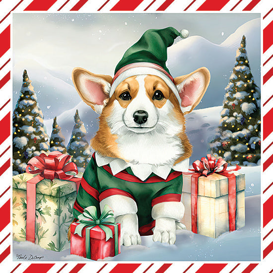 Nicole DeCamp ND274 - ND274 - Corgi Elf - 12x12 Christmas, Holidays, Pet, Dog, Corgi, Whimsical, Elf, Presents, Winter, Snow, Christmas Lights, Trees, Red & White Border from Penny Lane