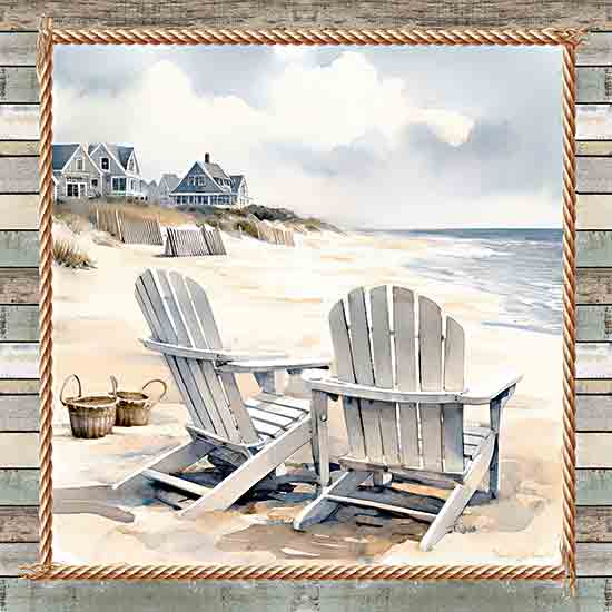 Nicole DeCamp ND289 - ND289 - Cape Cod Adirondack Chairs - 12x12 Coastal, Landscape, Cape Cod, Ocean, Chairs, Adirondack Chairs, Houses, Ocean Front Property, Baskets, Sand, Fences, Beach Grass from Penny Lane