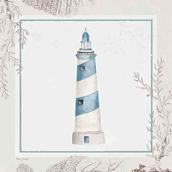 Nicole DeCamp ND330 - ND330 - Coastal Chic Lighthouse - 12x12 Coastal, Lighthouse Blue and White Lighthouse, Coral, Stamped, Matted Picture from Penny Lane