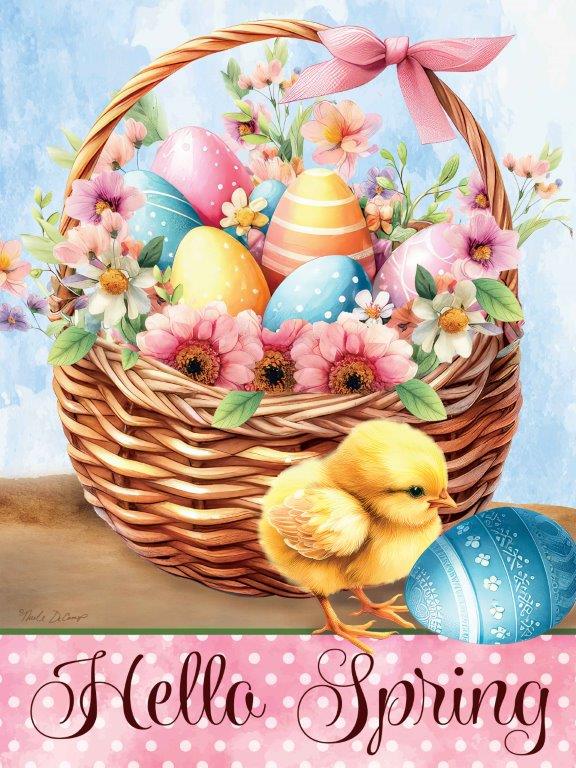 Nicole DeCamp ND351 - ND351 - Hello Spring Easter Basket - 12x16 Easter, Easter Basket, Hello Spring, Typography, Signs, Textual Art, Chick, Flowers, Spring, Spring Flowers, Easter Eggs, Decorative from Penny Lane