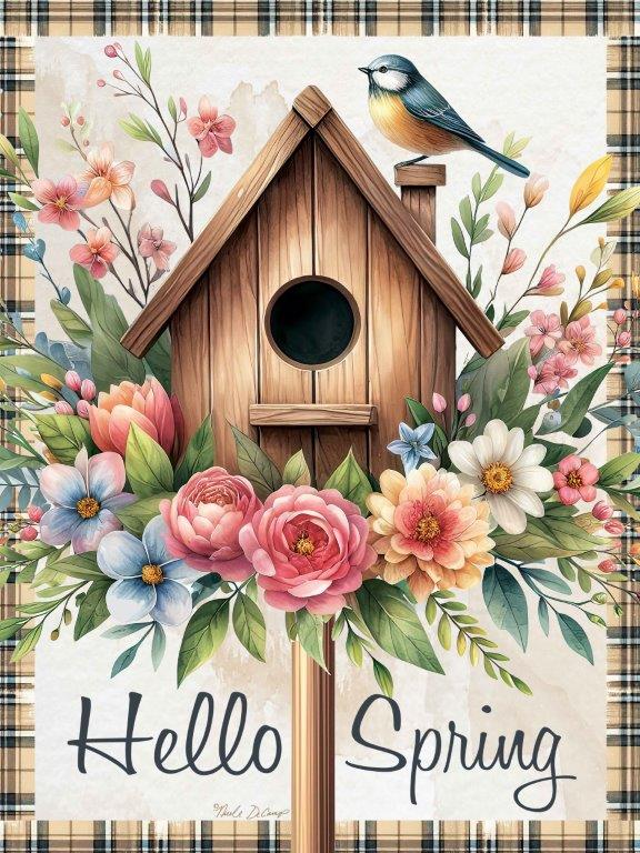 Nicole DeCamp ND353 - ND353 - Hello Spring Birdhouse - 12x16 Spring, Hello Spring, Typography, Signs, Textual Art, Birdhouse, Bird, Flowers, Spring, Spring Flowers, Plaid Border from Penny Lane