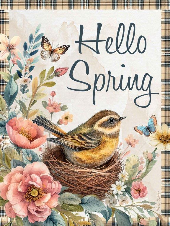 Nicole DeCamp ND354 - ND354 - Hello Spring Bird Nest - 12x16 Spring, Hello Spring, Typography, Signs, Textual Art, Bird Nest, Bird, Flowers, Spring, Spring Flowers, Greenery, Butterflies, Plaid Border from Penny Lane