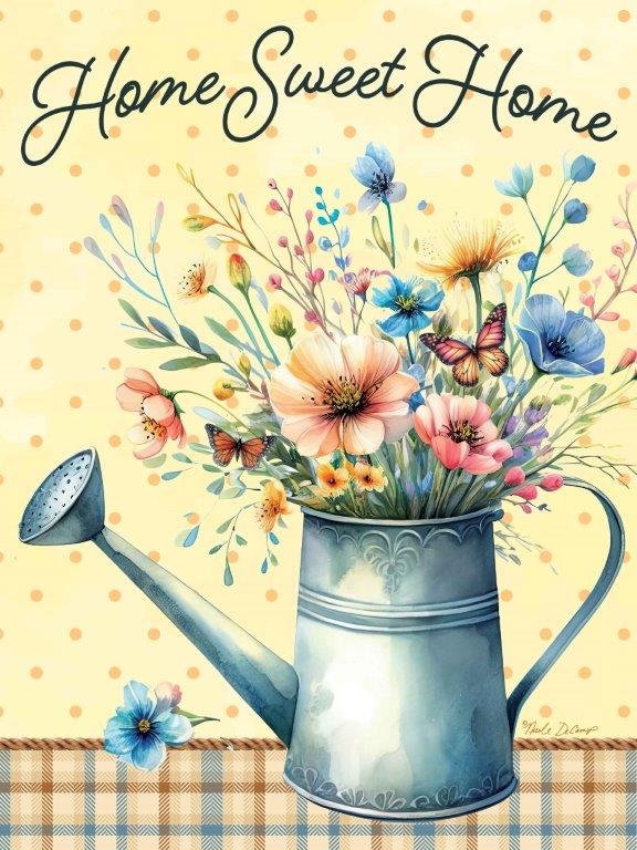 Nicole DeCamp ND357 - ND357 - Home Sweet Home Spring Flowers - 12x16 Spring, Home Sweet Home, Typography, Signs, Textual Art, Watering Can, Flowers, Spring, Spring Flowers, Plaid, Polka Dots from Penny Lane