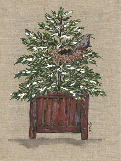 Julie Norkus NOR158 - NOR158 - Winter Nesting Spot    - 12x16 Still Life, Potted Tree, Bird, Bird Nest, Winter, Snow, Wood Planter from Penny Lane