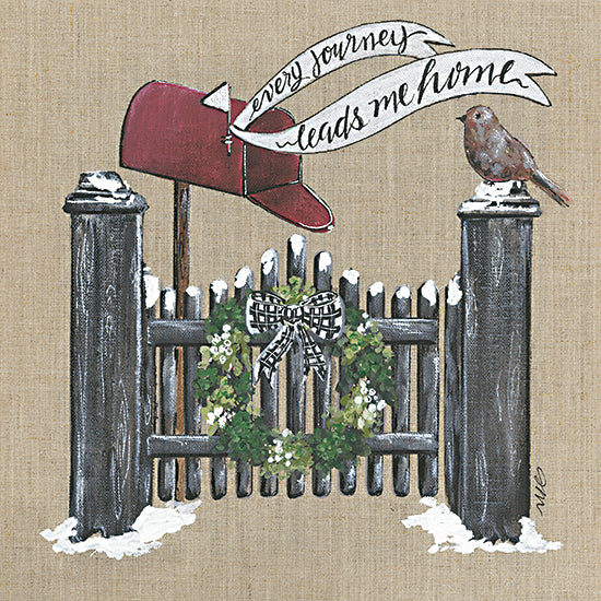 Julie Norkus NOR161 - NOR161 - Winter Journey Gate    - 12x12 Still Life, Winter, Fence, Mailbox, Bird, Wreath, Inspirational, Every Journey Leads Me Home, Typography, Signs, Textual Art, Banner from Penny Lane