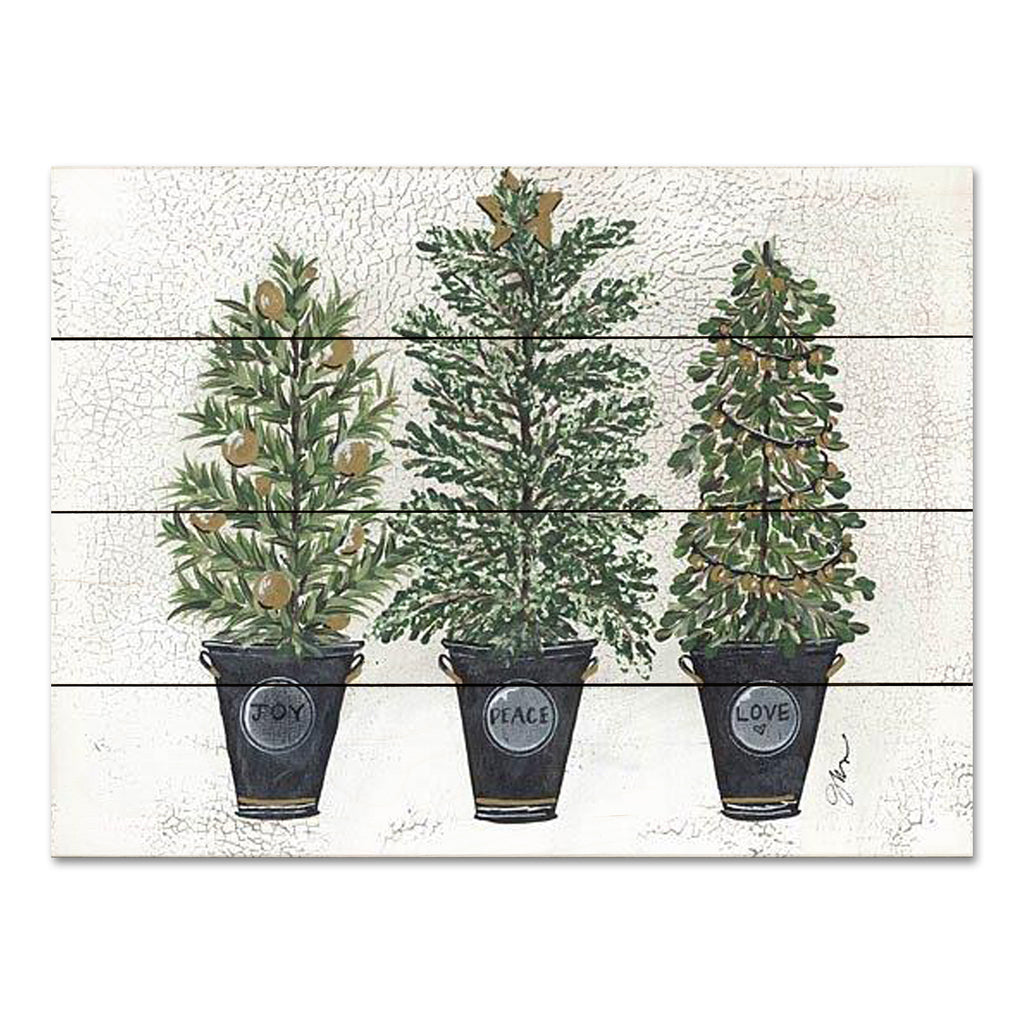 Julie Norkus NOR188PAL - NOR188PAL - Joy, Peace and Love Tree Trio - 16x12 Still Life, Trees, Potted Trees, Joy, Peace, Love, Signs, Winter, Cottage/Country from Penny Lane