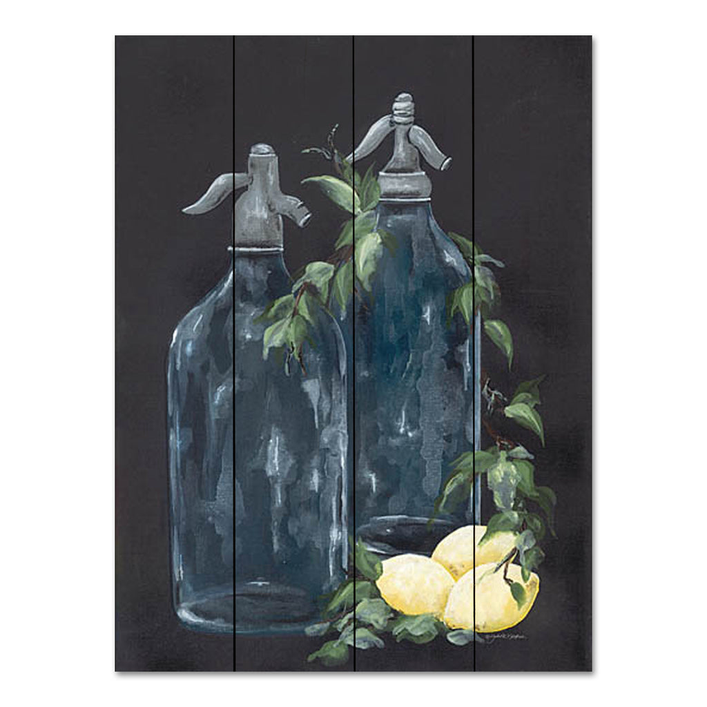 Julie Norkus NOR221PAL - NOR221PAL - Seltzer Bottle with Lemons - 12x16 Seltzer Bottle, Lemons, Kitchen, Greenery, Black Background, Vintage, French Country from Penny Lane