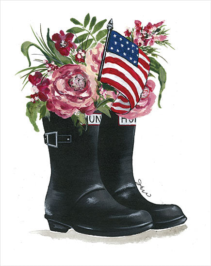 Julie Norkus NOR260 - NOR260 - Patriotic Boots - 12x16 Patriotic, American Flag, Still Life, Boots, Black Boots, Flowers, Pink Flowers, Independence Day, Summer from Penny Lane