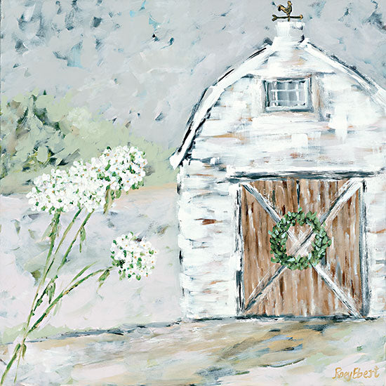 Roey Ebert REAR340 - REAR340 - The White Barn - 12x12 Barn, White Barn, Farm, Springtime, Flowers, White Flowers, Wreath, Eucalyptus, Abstract from Penny Lane