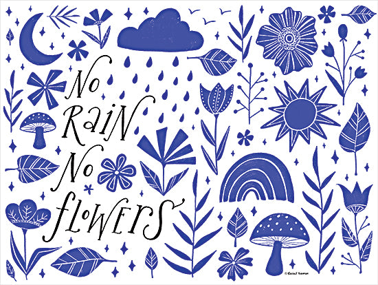 Rachel Nieman RN330 - RN330 - No Rain No Flowers - 16x12 No Rain, No Flowers, Flowers, Mushrooms, Sun, Primitive, Blue & White, Signs from Penny Lane