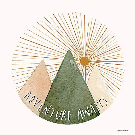 Rachel Nieman RN347 - RN347 - Adventure Awaits - 12x12 Travel, Adventure Awaits, Typography, Signs, Textual Art, Mountains, Sun, Sun Rays, Circle from Penny Lane