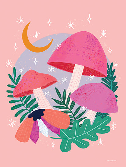 Rachel Nieman RN512 - RN512 - Mushrooms Grow Under the Moon - 12x16 Whimsical, Mushrooms, Leaves, Moon, Stars, Moth from Penny Lane
