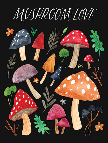 Rachel Nieman RN513 - RN513 - Mushroom Love - 12x16 Mushrooms, Leaves, Mushroom Love, Typography, Signs, Textual Art, Nature, Black Background from Penny Lane