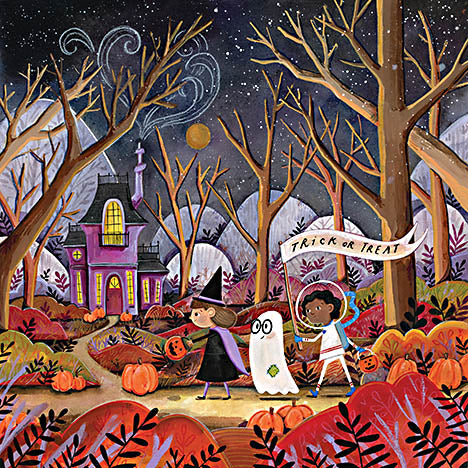 Rachel Nieman RN604 - RN604 - Trick or Treat - 12x12 Halloween, Haunted House, Children, Trick or Treat, Banner, Pumpkins, Trees, Path, Witch, Ghost, Fall from Penny Lane