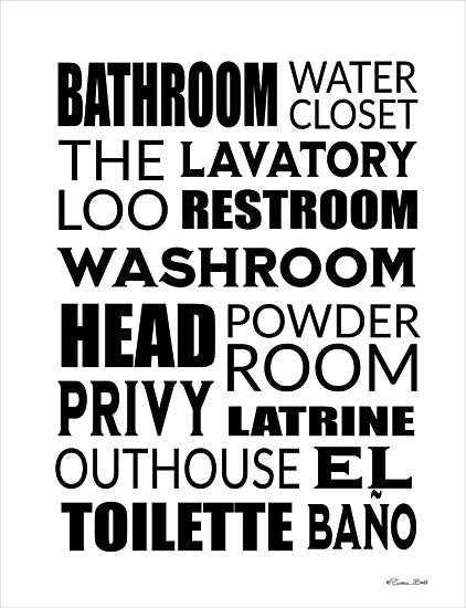 Susan Ball SB1199 - SB1199 - Bathroom Words - 12x16 Bath, Bathroom, Bathroom Synonyms, Typography, Signs, Textual Art, Black & White from Penny Lane