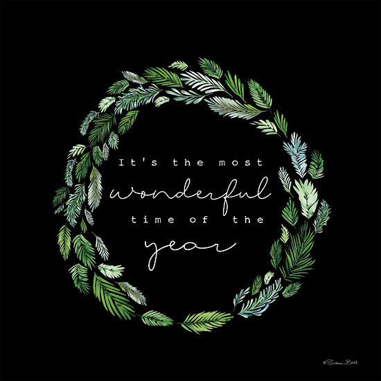 Susan Ball SB1233 - SB1233 - Most Wonderful Time Wreath - 12x12 Christmas, Holidays, Wreath, Greenery, It's the Most Wonderful Time of the Year, Typography, Signs, Textual Art, Black Background from Penny Lane