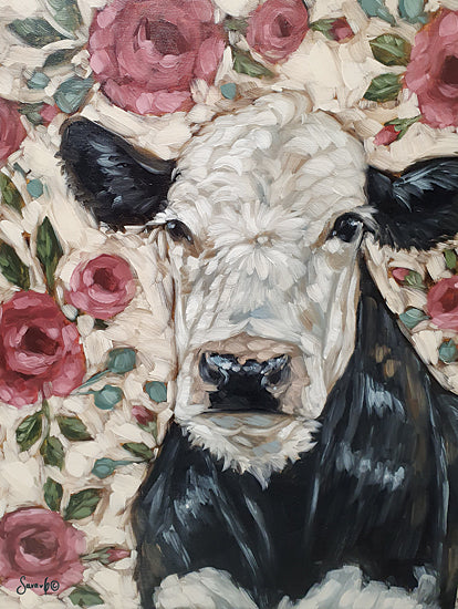 Sara G. Designs SGD165 - SGD165 - Coming Up Roses - 12x16 Whimsical, Cow, Black & White Cow, Flowers, Roses, Red Roses from Penny Lane