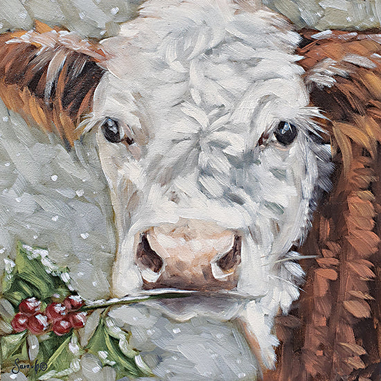 Sara G. Designs SGD169 - SGD169 - Holiday Cow - 12x12 Christmas, Holidays, Cow, Whimsical, Farm, Holly, Berries, Abstract, Textured, Winter, Snow from Penny Lane