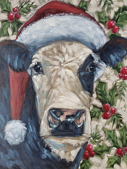Sara G. Designs SGD170 - SGD170 - In the Christmas Spirit - 12x16 Christmas, Holidays, Cow, Whimsical, Farm, Santa's Hat, Holly, Berries, Abstract, Textured, Winter, Snow from Penny Lane