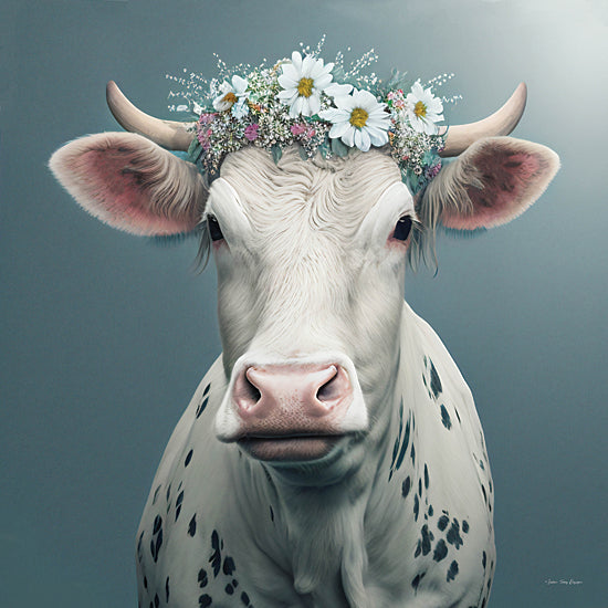 Seven Trees Designs ST1059 - ST1059 - Bovine Beauty - 12x12 Whimsical, Cow, White Cow, Black Spots, Floral Crown, Flowers, Portrait, Blue Background from Penny Lane