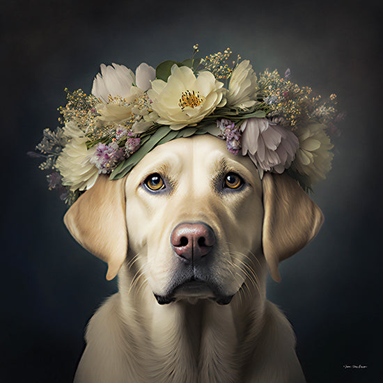 Seven Trees Designs ST1062 - ST1062 - Golden Joy - 12x12 Whimsical, Dog, Pet, Golden Labrador, Floral Crown, Flowers, Yellow Flowers, Purple Flowers, Portrait, Black Background from Penny Lane