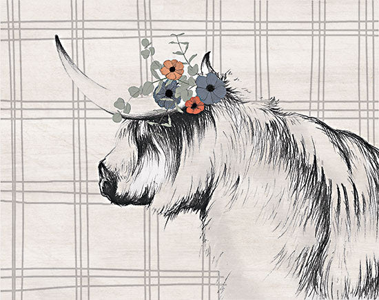 White Ladder WL138 - WL138 - Highland Cow in Gray - 16x12 Highland Cow, Cow, Floral Crown, Flowers, Gray & White Plaid, Whimsical from Penny Lane