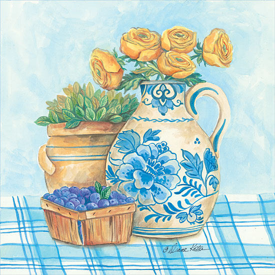 Diane Arthurs ART1079 - Blue and White Pottery with Flowers II - Pottery, Blue and White Pottery, Blueberries, Flowers, Crock from Penny Lane Publishing
