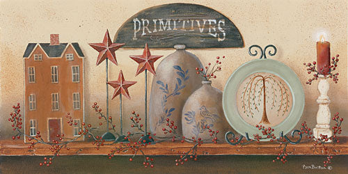 Pam Britton BR 447 - Primitive Shelf I - Crocks, Plates, Candles, Saltbox Houses, Antiques, Barn Stars from Penny Lane Publishing